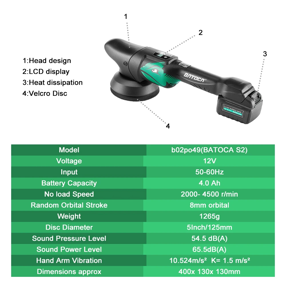 Batoca S2 4.0Ah Cordless Car P – обзор и цена Orbital Polisher Da